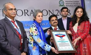 Prof. Parveen Kumar, receives the ‘M.V.K. Iyer Oration Medal and Citation’ from Urjitha Rajagopalan, Managing Trustee of SBECPT in Puducherry